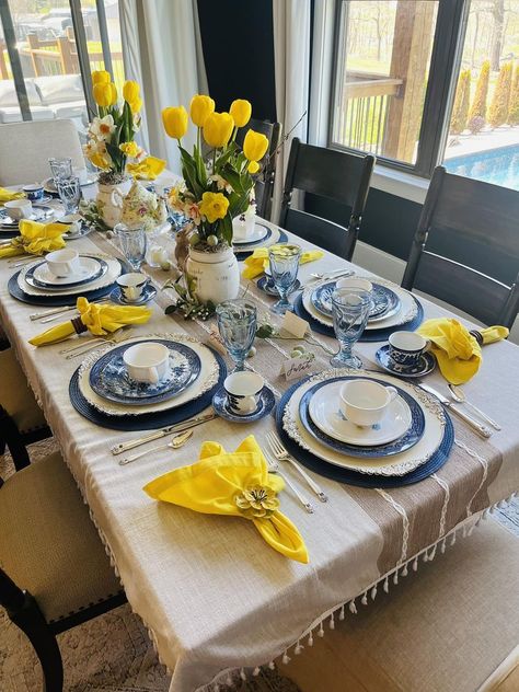 Sarah's Spring Table Decor Dinner Table, Blue And White Table Setting, British Fish And Chips, White Table Setting, Fried Sausage, Toad In The Hole, French Provence, Mushy Peas, Birthday Tea Party