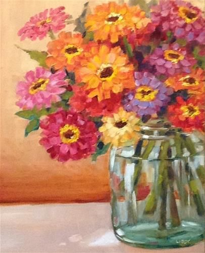 Zinnia Painting, How To Paint Zinnias, Paintings Of Zinnias, Acrylic Zinnia Paintings, Flowers In Jar Painting Acrylic, Painting Flowers Tutorial, Watercolor Projects, Cow Art, Sky Art