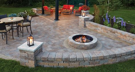 Anchor Block Products | Fresco™ | Wall System Fire Pit And Seating Area, Patio With Fire Pit, Pavers Design, Patio Pavers Design, Concrete Patios, Patio Pavers, Patio Deck Designs, Concrete Fire Pits, Pergola Design