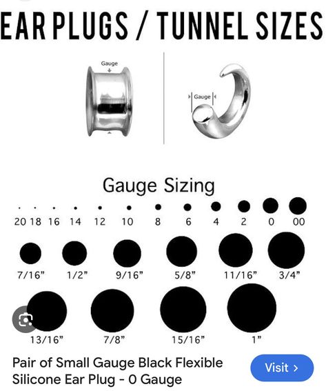 Earring Gauge Size Chart, Ear Gauges Sizes Chart, Gauge Size Chart, Gauges Size Chart, Ear Gauge Sizes, Gauge Sizes, Silicone Ear Plugs, Piercing Chart, Small Gauges