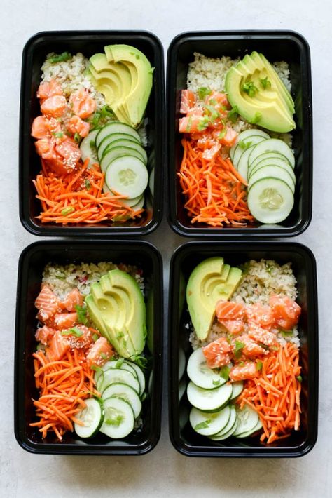 Cauliflower Rice Salmon Poke Bowl Meal Prep Poke Bowl Meal Prep, Meal Prep Healthy Recipes, Mom Lunch, Cauliflower Bowl, Salmon Poke Bowl, Bowl Meal Prep, Rice Salmon, Salmon Meal Prep, Taco Meal