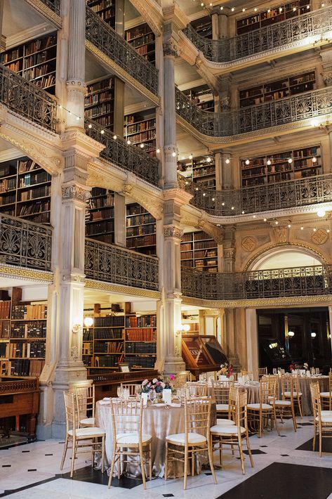 The George Peabody Library provides a breathtaking backdrop for weddings, dinners, and events of all kinds. ⁠ Photographer: Hannah Arias with @lhewittphoto⁠ Wedding Planner: @simplycreatedevents⁠ Venue: @georgepeabodylibrary⁠ Lighting: @eventdynamicsinc Peabody Library Wedding, Henry Miller Library Wedding, George Peabody Library Wedding, Georgetown Library, Ny Public Library Wedding, Providence Public Library Wedding, Peabody Library, George Peabody Library, Virginia Beach Wedding