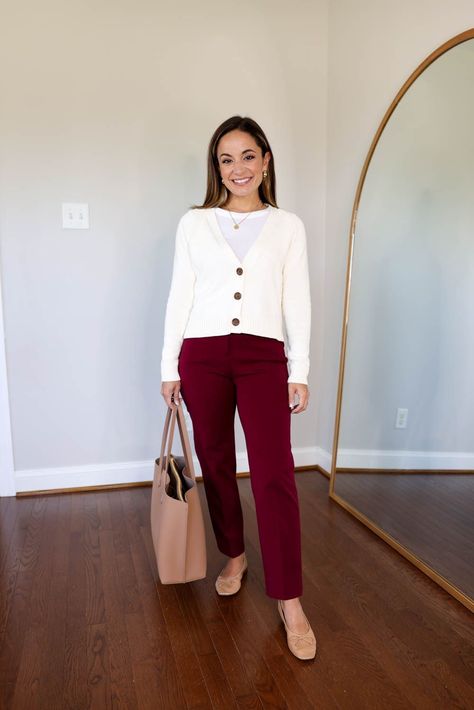 Fall Womens Work Outfits, Burgandy Pants Outfits Casual, Cheap Work Outfits, Warm Fall Work Outfits, Burgandy Pants Outfits Work Fall, Caramel Pants Outfit, Fall 2024 Work Outfits, Petite Business Casual Outfits, Wine Colored Pants Outfit