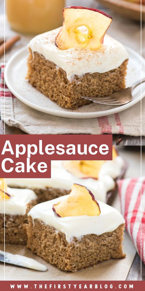 applesauce cake pin with text overlay Cake Baking Tips, Applesauce Spice Cake, Spice Cake Recipes, Applesauce Cake, Fall Desserts Easy, Homemade Applesauce, Decadent Cakes, With Cream Cheese Frosting, Fall Dessert