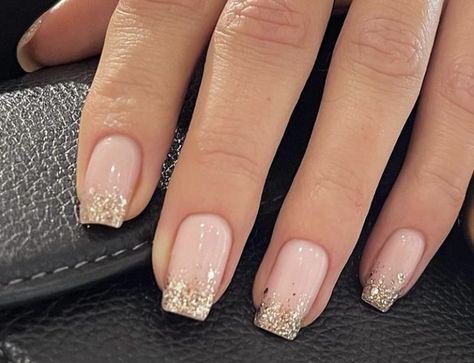 Gold Glitter French Tip Nails, Fake Nails French Tip, Nude Press On Nails, Nails Medium Square, Nails With Design, Nails With Gold, Nails French Tip, Glitter French Tips, Gold Foil Design