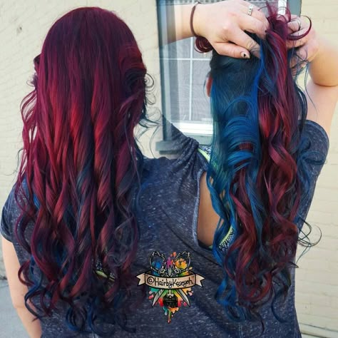 Blue, teal, and wine red hair Burgundy Hair With Teal Highlights, Burgundy Blue Hair, Burgundy Hair With Blue Highlights, Red And Blue Balayage Hair, Jewel Tone Highlights, Blue And Burgundy Hair, Burgundy And Teal Hair, Red To Blue Ombre Hair, Red And Blue Hair Color