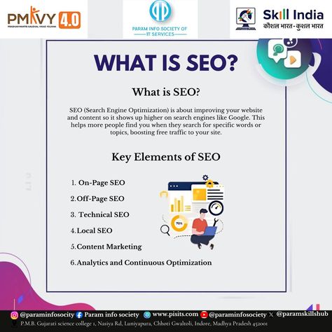 What is SEO? SEO (Search Engine Optimization) is the art of making websites shine online! It's about boosting visibility, driving organic traffic, and mastering the strategies that make your content rank higher on search engines. 🚀✨ Want to learn SEO for FREE? Join the Param Info Society's Free Skill Course and kickstart your career in the exciting world of SEO. No registration fee No class fee No exam fee Get an SEO Certificate upon course completion Don’t miss this opportunity to ... What Is Seo, Seo Search Engine Optimization, Learn Seo, On Page Seo, Local Seo, Blog Content, Search Engine Optimization Seo, Search Engines, Search Engine Optimization