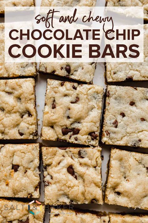 Chewy chocolate chip cookie bars are baked in a pan and create a deliciously soft and buttery chocolate chip cookie that requires no extra dough rolling work. Just spread the dough and bake! Soft Chocolate Chip Cookie Bars, Best Chocolate Chip Cookie Bars, Chewy Chocolate Chip Cookie Bars, Soft Chocolate Chip Cookie, Chocolate Chip Cookie Bar, Buttery Chocolate Chip Cookies, Chocolate Chip Cookie Bar Recipe, Pan Cookies, Chocolate Chip Bars