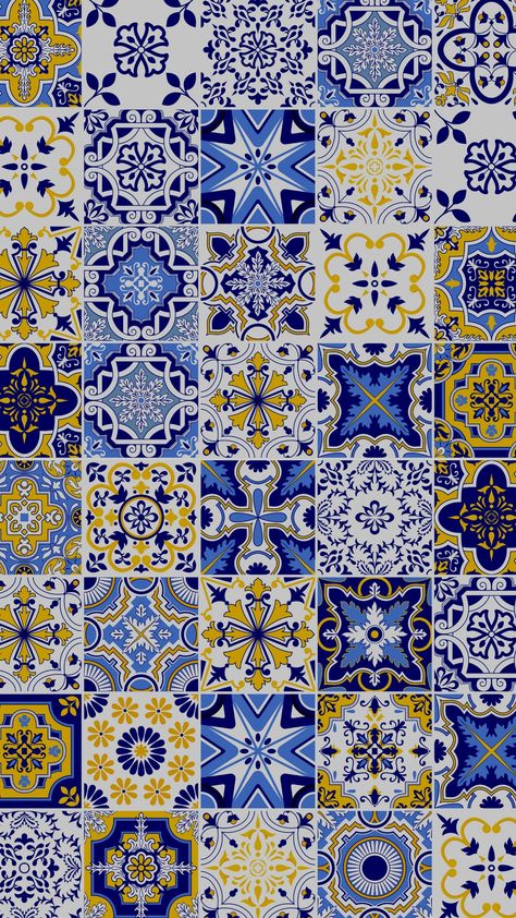 Dark Blue and Yellow Azulejo Phone Wallpaper Watercolor Tiles Pattern - Templates by Canva Italian Tiles Pattern, Morocco Pattern, Blue Tile Patterns, Geometric Graphic Design, Wallpaper Watercolor, Tiles Pattern, Yellow Tile, Pattern Template, Lemon Patterns