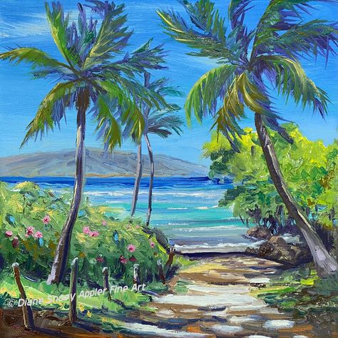 Beach Path Palm Trees Fabric Quilt Square Panel Hawaii Maui Anticipation Swimming in Turquoise Ocean Hawaii Landscape Painting, Turquoise Green Aesthetic, Palm Tree Fabric, Palm Tree Painting, Hawaii Painting, Hawaii Landscape, Trees Fabric, Beach Path, Fall Canvas Painting