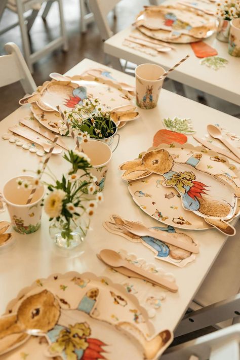 Peter Rabbit Themed Birthday Party, Birthday Rabbit Party, Easter 1st Birthday, Peter Rabbit Table Setting, Rabbit Birthday, Peter Rabbit Birthday Party Ideas, Peter Rabbit First Birthday Party, Peter The Rabbit Birthday Party, Peter Rabbit Table Decor