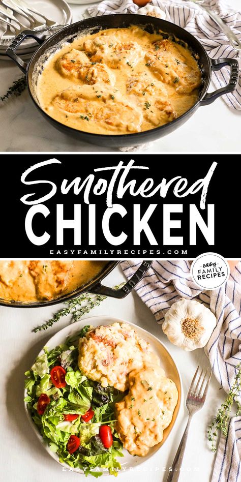 Smothered Chicken Breasts with Gravy is a cozy and EASY dish that brings comfort to any table! Juicy pan-friend chicken is nestled in a pan of rich, savory gravy for a kid-friendly weeknight dinner done in under 30 minutes. A Southern-style chicken recipe the whole family will love! Smothered Chicken Breast, Chicken Breast Oven, Asian Steak Bites, Sausage Gravy Recipe, Moist Chicken, Smothered Chicken, Chicken Breast Recipe, Southern Food, Chicken Main Dishes