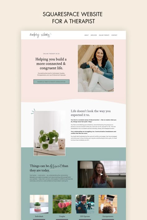 Discover how Audrey Shoen, a licensed therapist, created a soft and professional Squarespace website for her online counseling practice. Learn more about customizing Squarespace templates for your counseling website. Check out this article for inspiration and practical tips. Website Design For Therapist, Article Website Design, Life Coach Website, Therapy Website Design, Therapist Website, Website Design Templates, Therapy Website, Photography Website Templates, Web Ideas