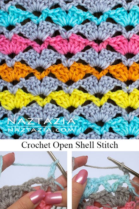 How to Crochet the Open Shell Stitch - Naztazia ® Crochet Shell Pattern, Crochet Shell, Crochet Shell Stitch, Crochet Stitches Free, Crochet Blanket Designs, Shell Stitch, Crochet Stitches Video, Beginner Crochet Projects, Crochet Stitches For Beginners