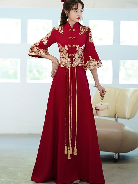 Red Fit & Flare Appliques Qipao / Cheongsam Wedding Dress with Bell Sleeve - CozyLadyWear Qi Pao Modern, Qi Pao Wedding, Chinese Style Wedding Dress, Cheongsam Wedding Dress, Phoenix Embroidery, Traditional Asian Clothing, Cheongsam Wedding, Chinese Fancy Dress, Qi Pao