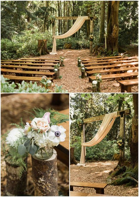 Tara & Daniel's Twin Willow Gardens Wedding - Pink Blossom Events Woodland Wedding Ceremony Decor, Ampitheater Wedding Ceremony, Wood Benches For Wedding, Wedding In The Trees, Twin Willow Gardens Wedding, Minimalist Forest Wedding, Wedding Benches, Forest Chapel, Camp Themed Wedding