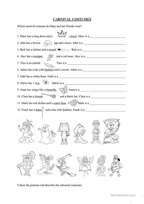 Carnival costumes - English ESL Worksheets Carnival Activities, Carnival Of The Animals, Carnival Dress, Animal Worksheets, Special Educational Needs, English Games, English Activities, Vocabulary Worksheets, Teaching Jobs