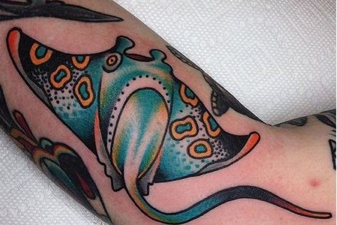 stingray tattoo Manta Ray Tattoo Traditional, American Traditional Tattoos Sea Life, American Traditional Ocean Theme Tattoo, Traditional Turtle Tattoo, Cj Tattoo, Aquatic Tattoos, Mobula Ray, Manta Tattoo, Manta Ray Tattoo