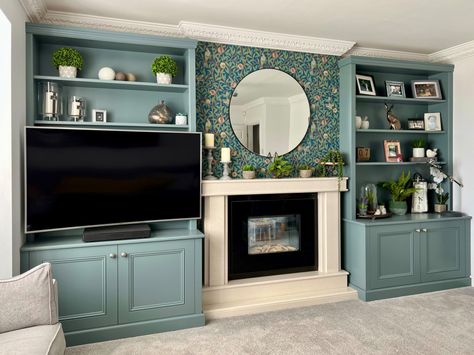 De Nimes Blue Alcove Cabinets in Classic Style - Traditional - Living Room - Other - by Freebird Interiors | Houzz UK Fitted Alcoves Living Room, Wallpapered Alcoves Living Room, Alcove Cabinets Living Room, De Nimes Living Room, Alcoves In Living Room, Chimney Alcove Ideas, Alcove Living Room, Fireplace Alcove Ideas, Alcove Tv Unit