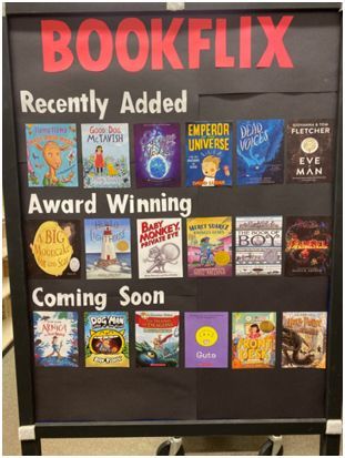 Here is my take on a BookFlix board! School Library Book Displays, Literacy Display, School Library Bulletin Boards, Reading Corner Classroom, School Library Displays, Library Media Center, Library Book Displays, Library Inspiration, Library Bulletin Boards