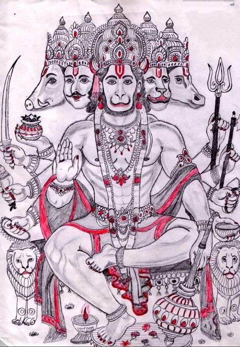 Panchmukhi Hanuman Drawing, Anjaneya Swamy Images, Hanuman Sketch, Anjaneya Swamy, Promises Quotes, Panchmukhi Hanuman, God Hanuman, Durga Painting, Mandala Art Therapy