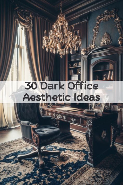 An ornate dark Victorian study showcasing dark academia aesthetic with elegant wood details, rich decor, and a luxurious atmosphere, offering moody office inspiration for modern home offices and dark office aesthetic enthusiasts. Dark Feminine Home Office, Victorian Academia Aesthetic, Old Money Office Aesthetic, Gothic Office Ideas, Dark Office Decor, Dark Desk Aesthetic, Old Money Aesthetic Office, Dark Academia Office Decor, Dark Academia Aesthetic Office