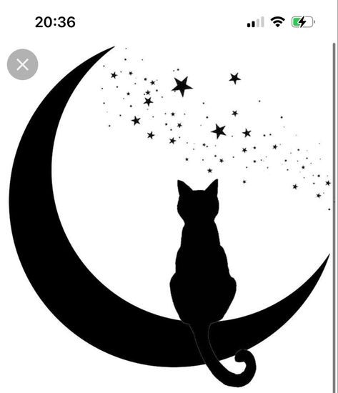 Cat And Moon, Black Cat, Moon, Tattoos, Stars, White, Black, Art