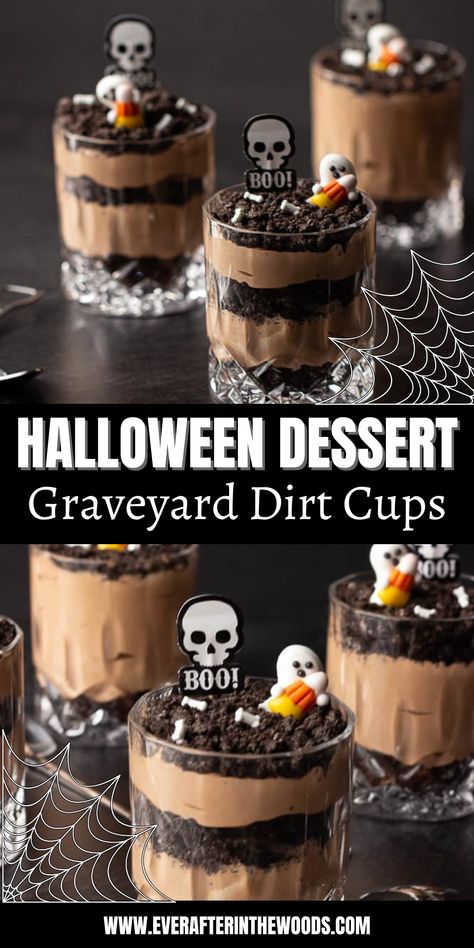 Halloween Dessert Idea - Graveyard Dirt Cups Chocolate Pudding Halloween Dessert, Halloween Dirt Cups Recipe, Halloween Desserts In A Cup, Halloween Mud Cups, Halloween Individual Desserts, Halloween Dirt Cups, Halloween Dirt, Dirt Cups Recipe, Graveyard Dirt