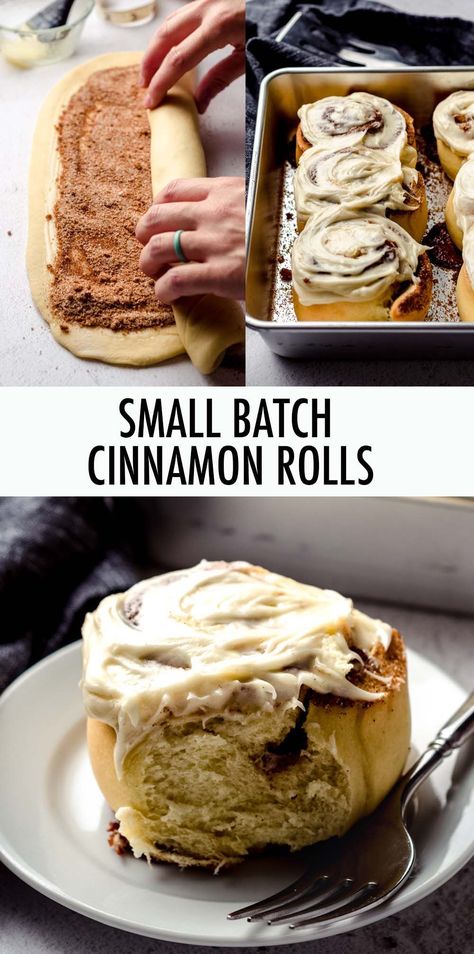 This recipe produces 6 soft and fluffy enriched cinnamon rolls that are filled with a buttery cinnamon filling and topped with a smooth cream cheese frosting. These cinnamon rolls only require one rise or can be made ahead of time to bake later or the next day. | small batch cinnamon rolls homemade | small batch cinnamon roll recipe | small batch cinnamon roll icing recipe | cinnamon rolls small batch recipe | cinnamon rolls homemade small batch | easy small batch cinnamon rolls 1 Hr Cinnamon Rolls Homemade, Fresh Cinnamon Rolls, Make Ahead Cinnamon Rolls Homemade, Small Batch Cinammon Rolls, Easy Small Batch Cinnamon Rolls, Small Batch Ciabatta Rolls, Small Cinnamon Roll Recipe, Small Batch Overnight Cinnamon Rolls, Small Batch Cinnamon Buns