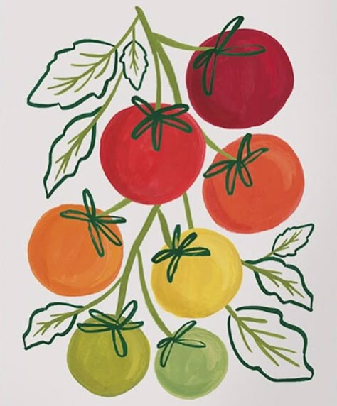 Tomato Plant Painting, Tomato Vine Drawing, Tomato Illustration Cute, Tomato Painting Acrylic, Tomato Drawings, Tomato Doodle, Tomato Ceramic, Painted Tomatoes, Tomato Decor