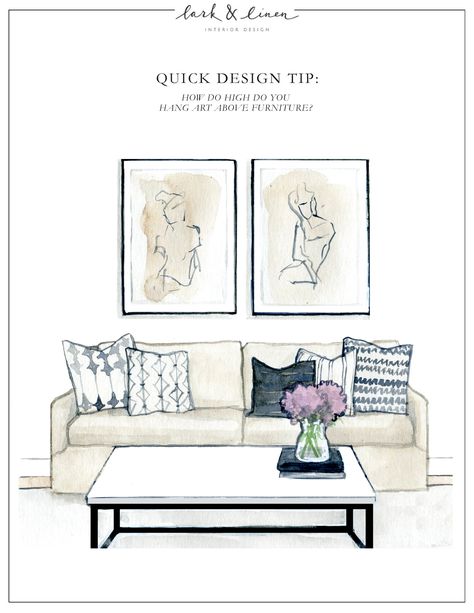 Quick Design Tip: How High Do You Hang Art Above Furniture? | lark & linen #interiordesign #designtip Pictures Over Couch, Frames Above Couch, Pictures Above Couch, Wall Above Couch, Art Over Sofa, Charleston Apartment, Art Over Couch, Pictures On Wall, Art Above Sofa