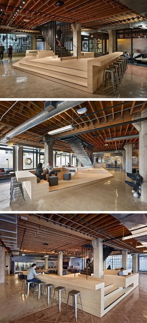 Heavybit Industries, San Francisco | IWAMOTOSCOTT ARCHITECTURE Modern Industrial Office Design, Modern Industrial Office, Industrial Office Design, Modern Workspace, Commercial And Office Architecture, Office Architecture, Office Lobby, Corporate Interiors, Office Seating