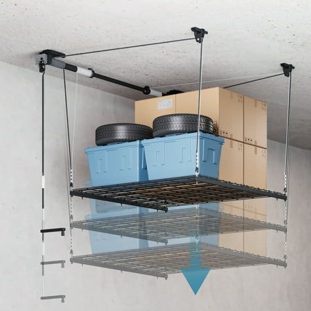 Ceiling Garage Storage, Diy Overhead Garage Storage, Hanging Garage Shelves, Garage Storage Plans, Garage Storage Rack, Ceiling Storage Rack, Overhead Storage Rack, Garage Ceiling Storage, Garage Racking