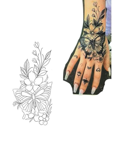 Flower Hand Tattoo Stencil, Butterfly Hand Tattoo Stencil, Butterfly Tattoo Designs Flowers, Flower Band Tattoo Design, Tattoo Designs Skull, Tattoo Designs Floral, Tattoo Designs Black And White, Tattoo Designs Watercolor, Tattoo Designs Mandala