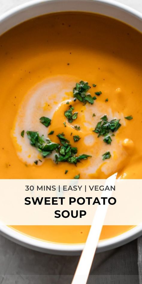 Vegan Roasted Sweet Potato, Sweet Potato Soup Healthy, Sweet Potato Soup Recipes Easy, Yam Soup Recipe, Puree Soup Recipes, Roasted Sweet Potato Soup, Cheap Healthy Lunch, Sweet Potato Soup Vegan, Toasted Baguette