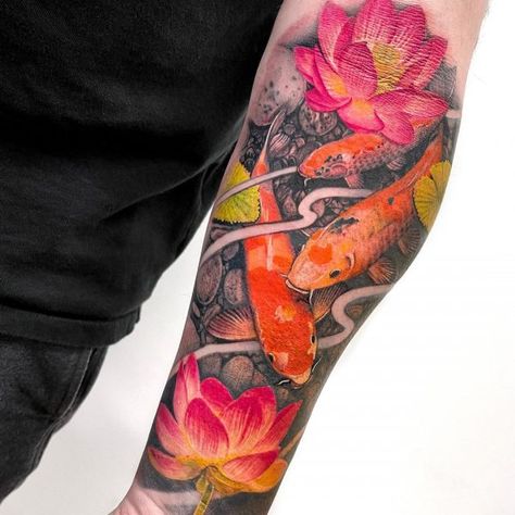 Realism Koi Fish Tattoo, Japanese Water Lily Tattoo, Japanese Koi Fish Tattoo Design Lotus Flowers, Koi Fish Tattoo For Women Arm, Lotus And Koi Fish Tattoo, Koi Fish Tattoo Design For Women, Koi Fish Pond Tattoo, Coi Fish Tattoo For Women, Koi Pond Tattoo