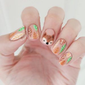 October Fingernails, Fall Animal Nails, Raccoon Nail Art, Squirrel Nail Art, Woodland Nails Designs, Fall Fox Nails, Toadstool Nails, Squirrel Nails, Fox Nails Designs