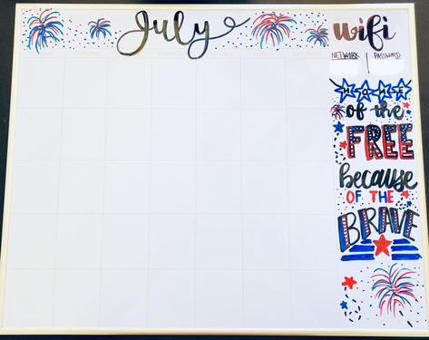 July Whiteboard Art Calendar art  #fourthofJuly #4thofJuly #Calendar #BulletinJournalIdeas #ChalkboardArt #July July Chalkboard Calendar Ideas, White Board Calendar Ideas July, July Dry Erase Calendar Ideas, July Dry Erase Board Ideas, July Whiteboard Ideas, July Whiteboard Calendar Ideas, July Calendar 2024 Aesthetic Whiteboard, June Whiteboard Calendar, June White Board Calendar Ideas