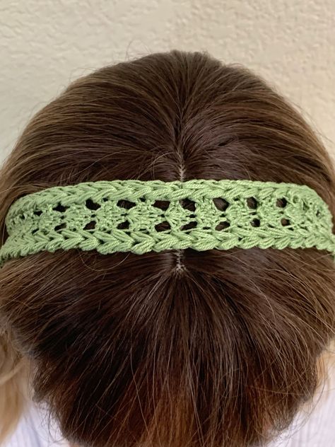 This practical but stylish headband will keep your unruly hair in place. It is hand crocheted and has an elastic band attached so it will stretch to your head size. It is made from a mercerized cotton thread and is washable. It is made to order. The headband shown is 18” plus the 3” elastic which can be stretched a little more. It will fit comfortably on a head of a 22” circumference, measured from the base of the back of the head to the center on top of the head. To ensure a perfect fit l would recommend for you to measure your own head and let me know if you need it larger or smaller. Other colors are also available. Crochet Headband For Short Hair, Green Crochet Headband, Cute Crochet Headbands, Hair Band Crochet, Head Band Crochet, Crochet Hair Bands, Crochet Hair Band, Easy Crochet Headbands, Headbands For Short Hair