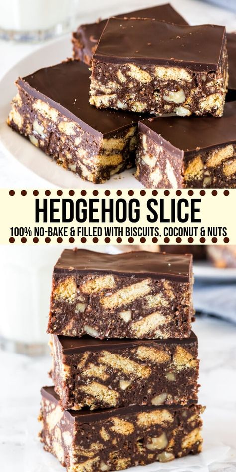 Chocolate Hedgehog, Hedgehog Slice, No Bake Slices, Chocolate Slice, Easy No Bake, Digestive Biscuits, Slices Recipes, Snacks Für Party, Chocolate Craving