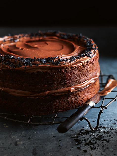 Salted Dark Chocolate Layer Cake With Milk Chocolate Ganache | Donna Hay Eggless Birthday Cake Recipe, Ireland Winter, Coconut Hot Chocolate, Milk Chocolate Ganache, Desserts Chocolate, Donna Hay, Chocolate Squares, Dark Chocolate Cakes, Chocolate Layer Cake