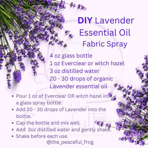 This week’s DIY recipe is for a fabric/room spray using only 3 ingredients. Spray on blankets, pillows, cushions, or anywhere in the room. Relieve stress and disinfectant at the same time!! #lavenderessentialoil #lavenderroomspray #essentialoilsdiy #essentialoils #aromatherapy #aromatherapist #holistichealth #holistichealing #thepeacefulfrog Fabric Spray Diy, Fabric Spray Essential Oils, Diy Fabric Refresher Spray, How To Make A Room Spray With Essential Oils, Lavender Pillow Spray Diy, Lavender Bed Spray Diy, Diy Room Spray Essential Oils, Lavender Room Spray Diy, Diy Linen Spray With Fragrance Oil