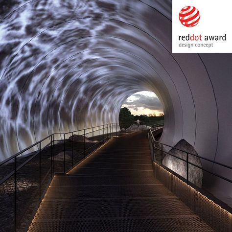 Inspired by the moon’s symbolism, the design team located the precise position and orientation of the tunnel above the valley to slice the tunnel and the entrance to the tunnel in a manner that simulates the earth-moon projection relationship.................... #RedDotAward #RedDotWInner #DesignConcept #Architecture #designedby #QuHuiYing #RanXu Tunnel Installation Art, Tunnel Design Architecture, Tunnel Entrance Design, Tunnel Exhibition, Tunnel Architecture, Mirror Tunnel, Vortex Tunnel, Pedestrian Tunnel, Water Tunnel