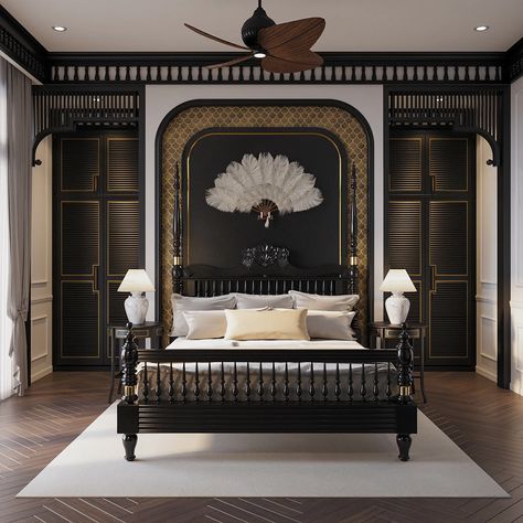 Bedback Panelling, Indochine Bedroom, Panelling Design, Indochine Interior, Resort Furniture, Indochine Style, Chic Dresser, Parents Bedroom, Wall Tv Unit Design