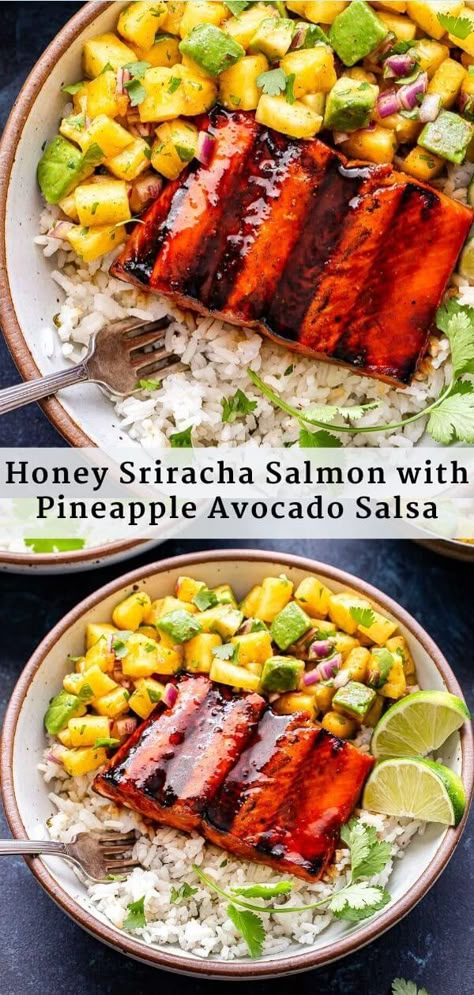 Honey Sriracha Salmon with Pineapple Avocado Salsa - Recipe Runner Pineapple Avocado Salsa, Honey Sriracha Salmon, Salmon With Pineapple, Sriracha Salmon, Dinner Salmon, Salmon Recipes Baked Healthy, Avocado Salsa Recipe, Summer Flavors, Healthy Salmon Recipes