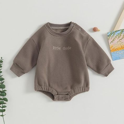 VISGOGO Baby Boy Girls Oversized Sweatshirt Romper Long Sleeve Bubble Little Dude Sweater Onesie Top Fall Clothes Oversized Romper, Neutral Clothes, Sweatshirt Romper, Winter Newborn, Embroidered Bodysuit, Cool Baby, Embroidery Sweatshirt, Fall Clothes, Romper Outfit