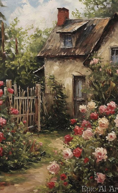 Rose Garden Oil Painting, Rose Garden Art, Countryside Decor, Books Stickers, Iphone Wallpaper Cat, Wood Prints, Arte Van Gogh, Cottage Art, Landscape Art Painting