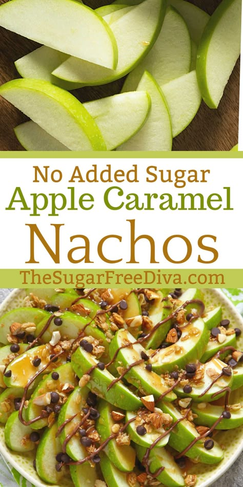 Sugar Free Apple Recipes, Caramel Apple Snacks, Sugar Free Caramel Sauce, Healthy Caramel Apple, Sugar Free Caramel, Sugar Free Marshmallows, Sugar Free Fruits, Candy Apple Recipe, Apple Nachos