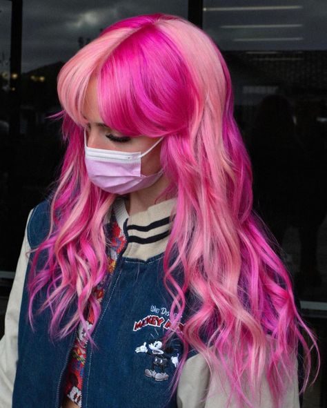 40 Crazy Hair Colour Ideas To Try in 2022 : Soft Pink and Hot Pink Checker Board I Take You | Wedding Readings | Wedding Ideas | Wedding Dresses | Wedding Theme Pink Fashion Color Hair, Hair Color Inspo Colorful, Pink And Red Color Block Hair, 4 Way Split Dyed Hair, Pink And Purple Color Block Hair, Hair Color Ideas Crazy, Red Pink And Black Hair, Pink Vivid Hair, Alternative Pink Hair