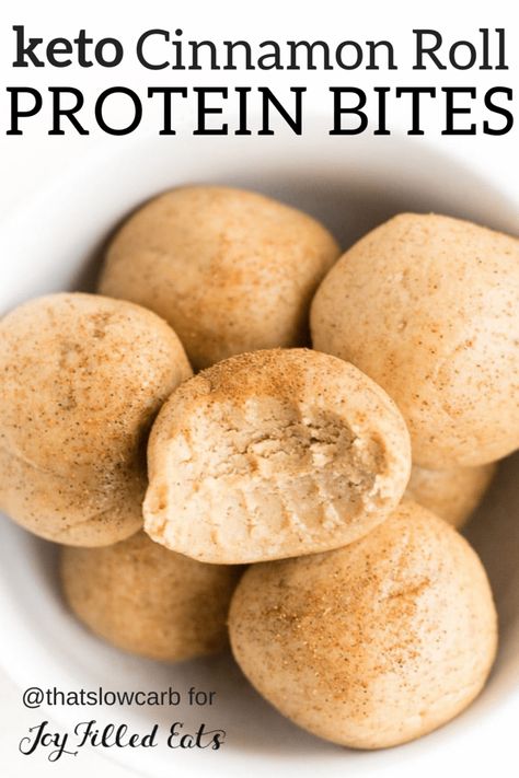 Keto Protein Balls made in minutes with a few simple ingredients. Cinnamon Roll Protein Bites are a great snack or grab-and-go breakfast! Keri Snacks, Keto Protein Balls, Keto Cinnamon Roll, Keto Protein, Keto Cinnamon, Protein Balls Recipes, High Protein Desserts, Breakfast Low Carb, Healthy Protein Snacks